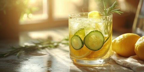 Refreshing cucumber lemon drink served in a glass with ice in a sunlit kitchen