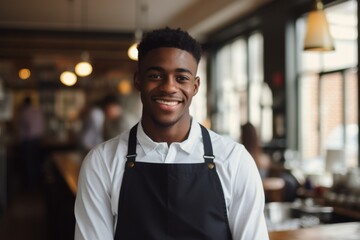 Fototapeta premium Smiling portrait of a young male African American waiter in a cafe