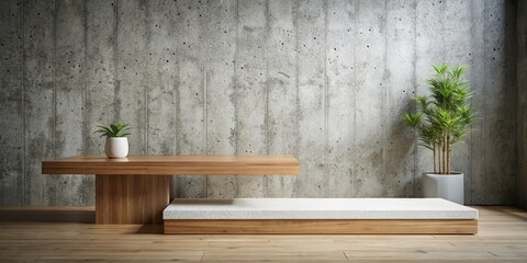Elegant 3D White Granite Product Display Podium on Wooden Shelf - Concrete Wall Background