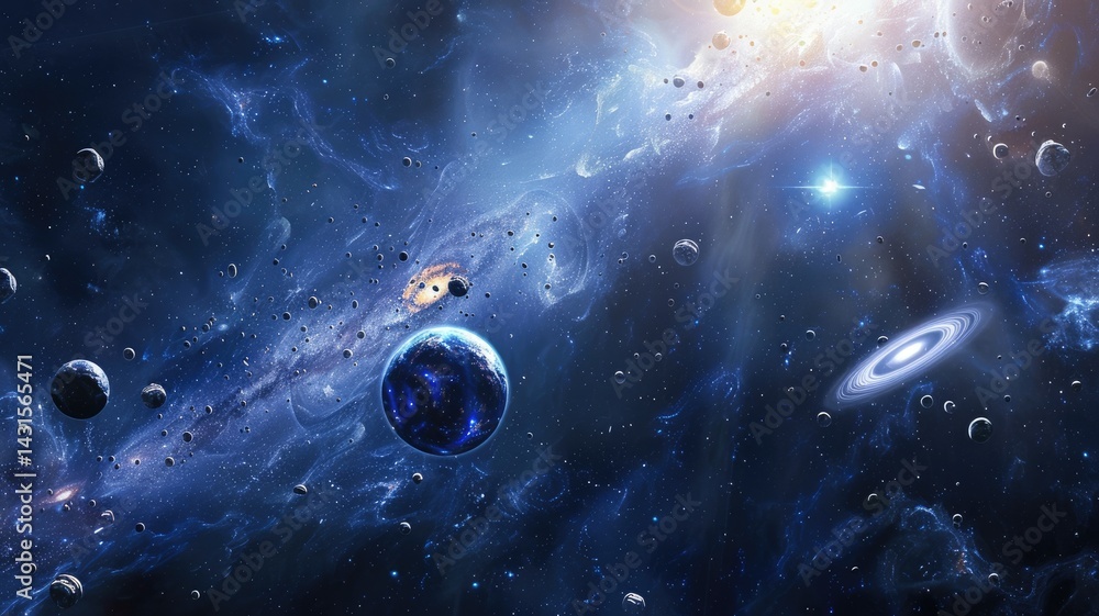 Poster abstract cosmic scene with blue and gold elements. digital artwork of galaxy with planet or rock flo