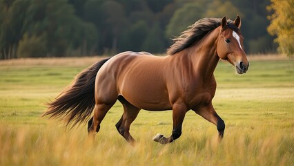 Fototapeta premium Brown Horse Running Freely in Green Meadow with Mountain View