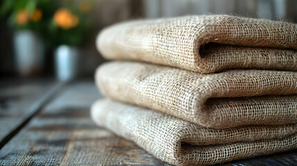 Stacked Burlap Fabric on Wooden Surface