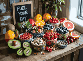 Healthy food selection Assorted superfoods Fresh fruits and berries Mixed nuts and seeds Superfood flat lay 