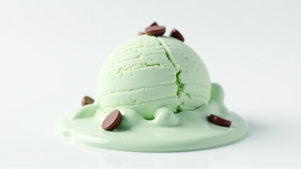 Fototapeta premium Melting Mint Chocolate Chip Ice Cream Scoop on White Background - Texture Focus