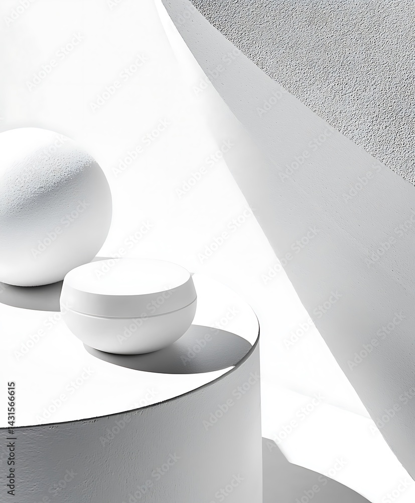 Poster minimalist white composition: spherical forms and textured surfa