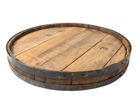 A repurposed wooden barrel lid as a circular platform, featuring darkened edges and visible wood grain, isolated on a transparent background
