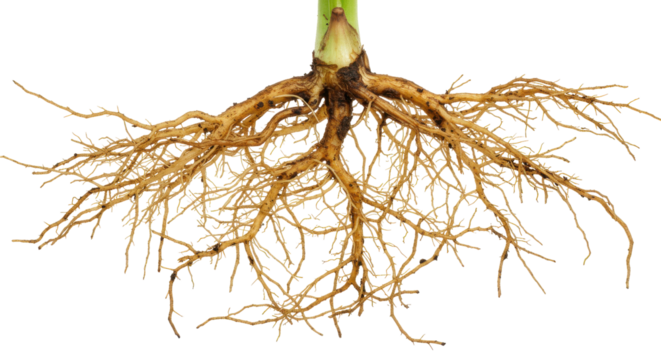 Root system with tangled, thread-like fibers spreading from a base; earthy, organic
