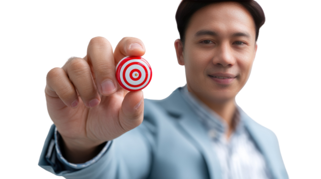 Focus on the Target: A professional figure is holding a red and white target in their outstretched hand, ready to hit the bullseye and achieve their goals. The image radiates purpose and ambition.