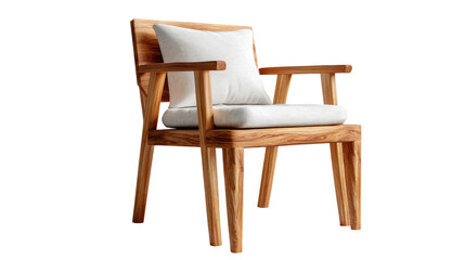 Elegance of Crafted Comfort: A close-up captures the inviting simplicity of a wooden armchair adorned with a soft pillow. It embodies modern design. 