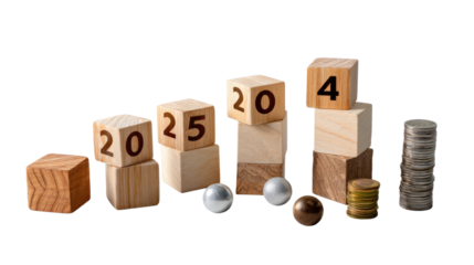 Time's Progression: Wooden blocks displaying the numbers, 2024, 2025, are meticulously arranged to represent an upward trend, symbolizing growth, and change.