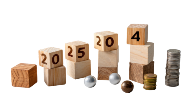 Time's Progression: Wooden blocks displaying the numbers, 2024, 2025, are meticulously arranged to represent an upward trend, symbolizing growth, and change.