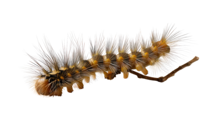 Hairy caterpillar in macro-detail: A detailed shot of a vibrant caterpillar, showcasing its furry body, resting on a delicate twig, revealing the intricate beauty of the natural world.