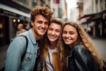 Fototapeta premium Smiling three young friends posing for a shot in the city