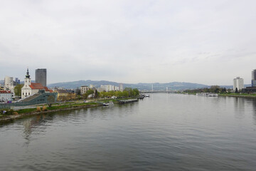 A riverside embankment in Linz, the river Danube, Austria       