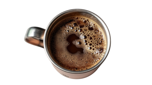 Aromatic Coffee in a Stainless Steel Mug: A close-up shot of a steaming cup of rich, dark coffee, its foamy surface shimmering, inviting a moment of savor and energy.
