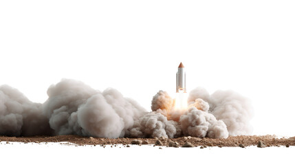 Rocket Launch and Trail: A powerful rocket, leaving a trail of smoke and fire, ascends into the sky, symbolizing progress and exploration against a backdrop of sandy surface.