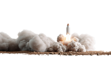 Rocket Launch and Trail: A powerful rocket, leaving a trail of smoke and fire, ascends into the sky, symbolizing progress and exploration against a backdrop of sandy surface.