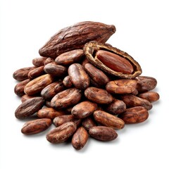 Obraz premium Pile of cocoa beans and pods on white background