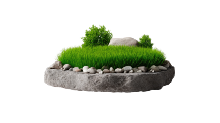 Miniature Rock Garden: A captivating miniature rock garden, featuring a lush patch of green grass, a couple of miniature bushes, and a collection of smooth grey rocks.