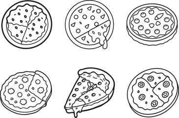 set of pizza line art, black outline, vector and illustration, coloring book page line art drawing