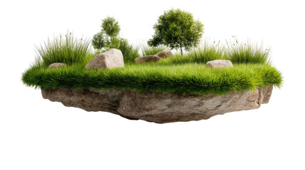 Floating Island Oasis: A lush, verdant island floats serenely in the air, complete with grass, rocks, and trees, creating a surreal and captivating scene.