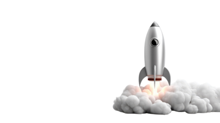 Rocket's Soaring Ascent: A futuristic chrome rocket gracefully ascends into the vast expanse, leaving behind billowing clouds of smoke, symbolizing innovation and technological advancement.