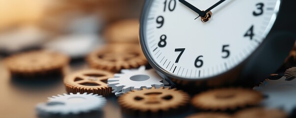 Clock resting on gears illustrating time management efficiency and business concepts
