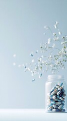 Colorful Capsules Spill From Jar Surrounded by Delicate White Flowers on a Light Background During Daylight