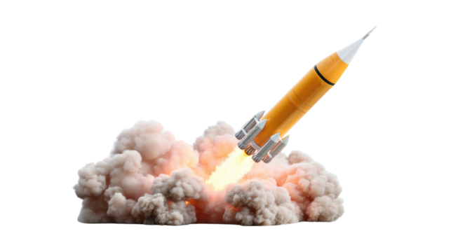 Rocket Launching into Space: Witness the power of human ingenuity as a rocket soars majestically, its engine igniting the atmosphere, ascending with smoke and flames.