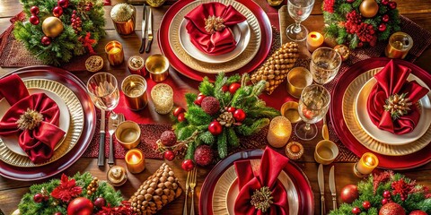 Fototapeta premium Elegant Holiday Table Setting Aerial View - Festive Dinner Party Decor