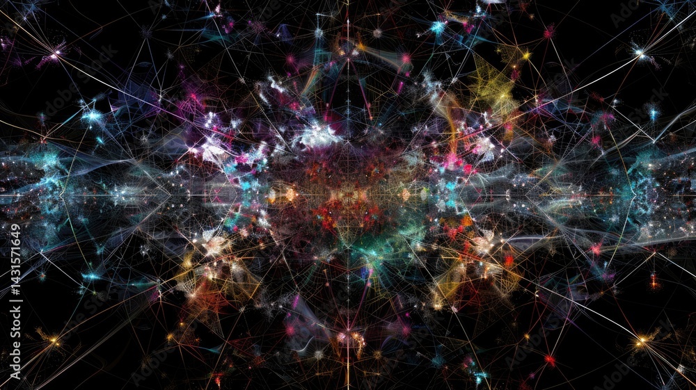 Poster abstract digital network with interconnected nodes and lines on a black background. glowing vibrant 