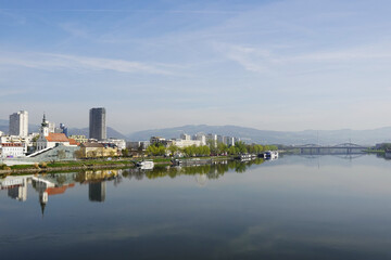 A riverside embankment in Linz, the river Danube, Austria       