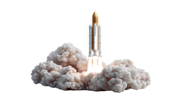 Blast Off! A powerful rocket ignites, propelled skyward amidst billowing clouds of smoke and fire, a symbol of innovation, exploration, and the boundless human spirit.  - Powered by Adobe