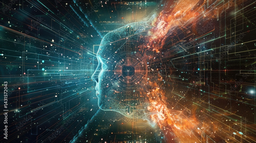 Poster abstract art of digital network with glowing nodes and colorful lights. digital artwork of glowing n
