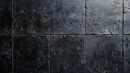 A black and white photo of a wall with black tiles