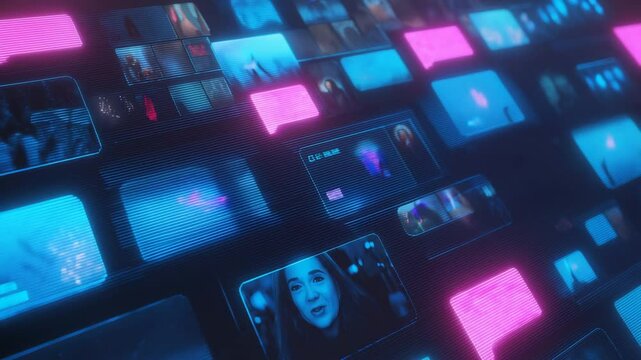 Social Network Concept with Blockchain Architecture Visualization of a Metaverse Big Data with Viral Videos, Advertising, Social Media Profiles with Influencers, Online Art and Internet Communities