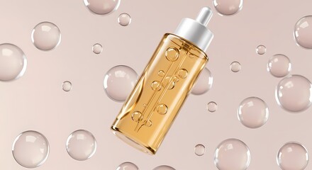 The Essence of Luxury: Cosmetic Oil or Essence in a 3D Bubble Scene
