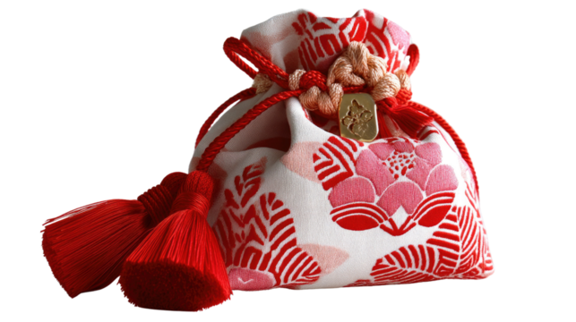 Traditional Japanese Lucky Bag: A charming, meticulously crafted Japanese lucky bag with a delicate pink floral pattern and red tassel embellishments, traditionally given as a symbol of good fortune.
