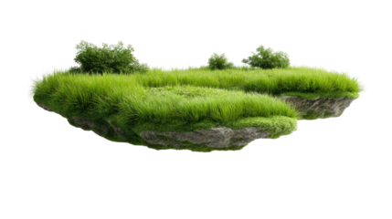 Floating Grass Island: Two small, lush green islands, covered with vibrant grass and small shrubs, float serenely against a clean background. Perfect for surreal compositions or whimsical designs.