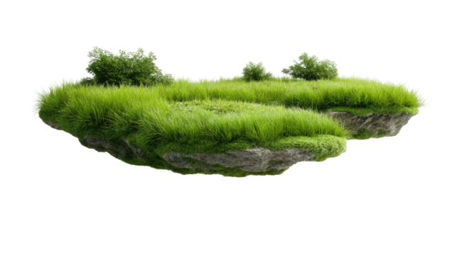 Floating Grass Island: Two small, lush green islands, covered with vibrant grass and small shrubs, float serenely against a clean background. Perfect for surreal compositions or whimsical designs.