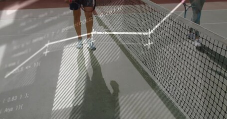 Senior man and woman playing on tennis court, showing sports analytics charts and code overlays