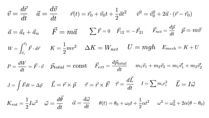 Set, collection of 30 essential and famous physics formulas, equations from classical mechanics, ideal for education, science visuals and infographics, transparent background