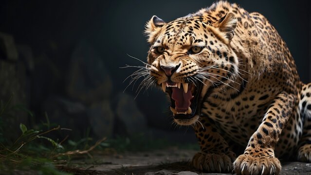 "Angry Leopard Roaring in Jungle &ndash; Wild Big Cat Expression"