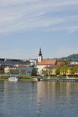 A riverside embankment in Linz, the river Danube, Austria       