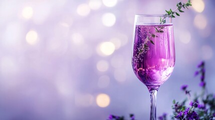 Vintage champagne glass with violet drink and sprigs of green thyme generative ai
