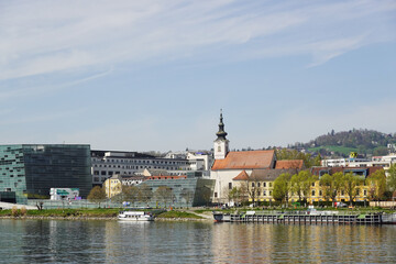 A riverside embankment in Linz, the river Danube, Austria       