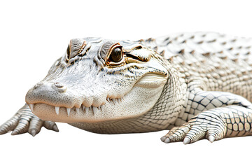Fototapeta premium White alligator lying down, isolated on a transparent background PNG