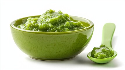 A green bowl of food with a spoon next to it