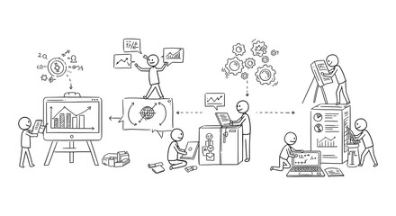 Data analysis collaboration depicted with simple drawings