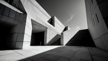 Obraz premium Stark Concrete Architecture Geometric Shadows and Stairways in Black and White